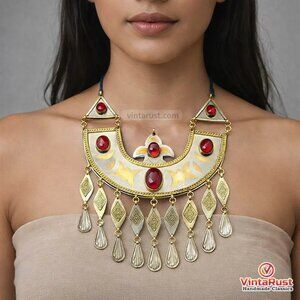 Vintage Turkman Pendant Necklace: Antique Tribal Jewelry with Red Glass